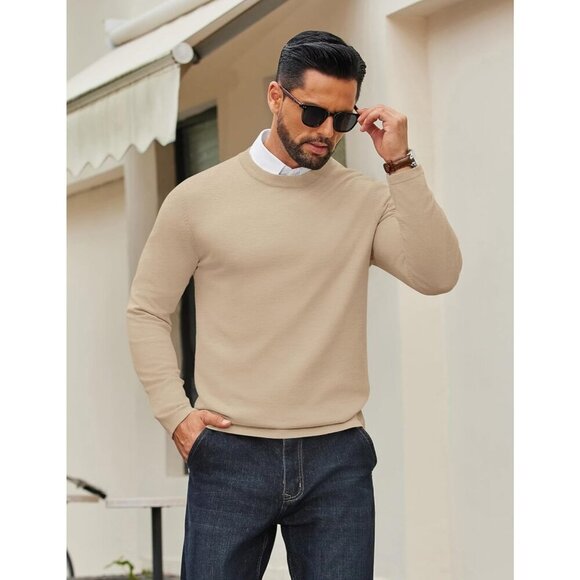 Coofandy Men Khaki Crew Neck Pullover Long Sleeve Lightweight Dress Sweater - Picture 2 of 6